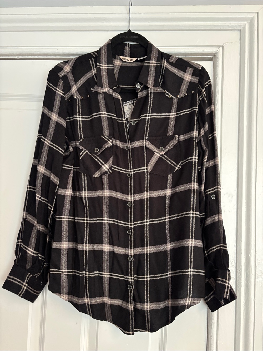 Lola P, Black Plaid Button-Up Shirt, with Floral back panel & roll up sleeve.